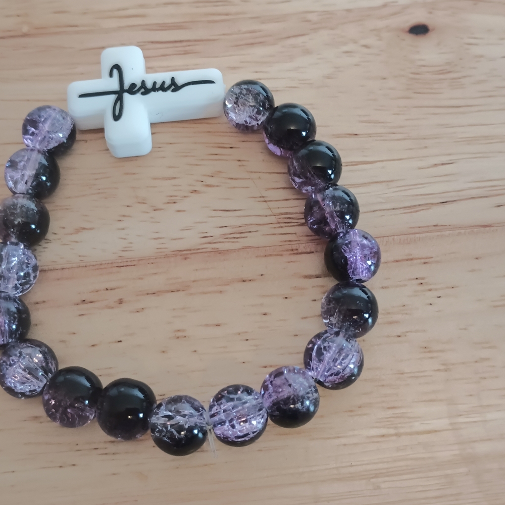 Purple and Black Beaded Bracelet with Cross